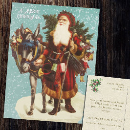 Cartão Postal De Festividades Vintage Papai Noel com Brinquedos de Árvore Donkey