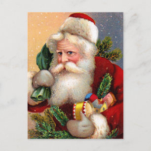 Cartão Postal De Festividades Vintage Papai Noel com Brinquedos e Fir Twigs