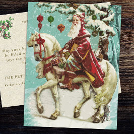 Cartão Postal De Festividades Vintage Papai Noel em Cavalo com Árvore e Brinqued