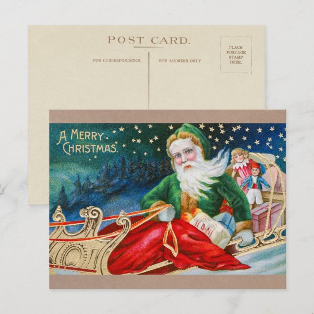 Cartão Postal De Festividades Vintage Papai Noel em Sleigh Feliz Natal (Frente/Verso)