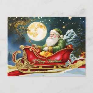Cartão Postal De Festividades Vintage Papai Noel em Sleigh, Lua cheia, Estrelas