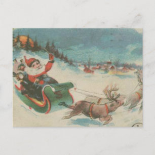 Cartão Postal De Festividades Vintage Papais noeis Sleigh e Reindeer