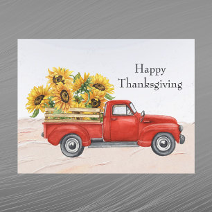 Cartão Postal De Festividades Vintage Red Truck Sunflower Ação de Graças