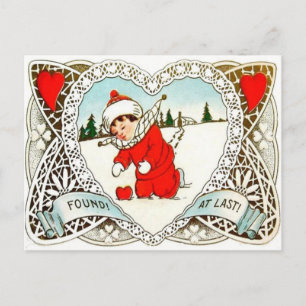 Cartão Postal De Festividades Vintage Retro Boy Encontra Coração Em Namorados 