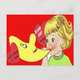 Cartão Postal De Festividades Vintage Retro Girl soprando cartão de Namorados d