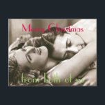 Cartão Postal De Festividades Vintage Romantic Christmas from Both of Us<br><div class="desc">Have some fun this Christmas. Vintage romantic black and white photograph of a woman smiling hugging her man to her. Above "Merry Christmas" in hot pink and below "from both of us" in light green</div>