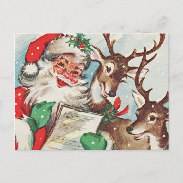 Cartão Postal De Festividades Vintage Santa and Reindeer (Frente)