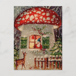 Cartão Postal De Festividades Vintage Santa Claus Gnomo Em Mushroom House