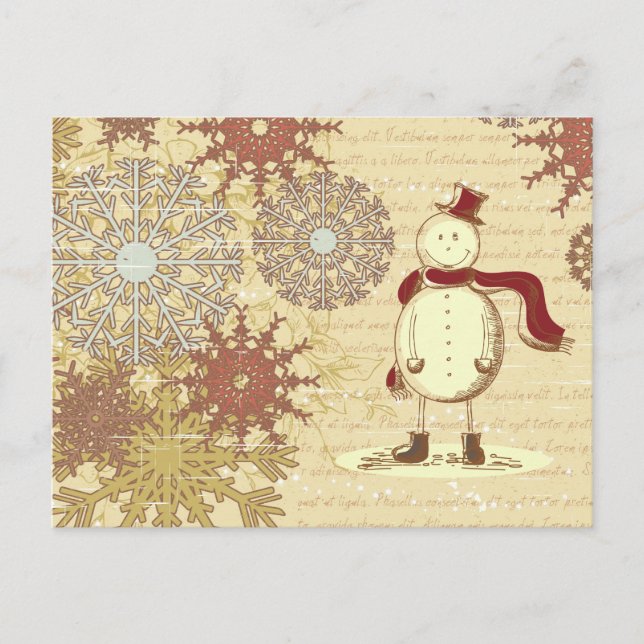Cartão Postal De Festividades Vintage Snowman e snowflakes (Frente)
