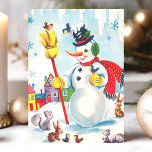 Cartão Postal De Festividades Vintage Snowman e Woodland Animal Cute Retro<br><div class="desc">Cartão-postal de Férias Retrospectivas Vintage Snowman e Woodland Animal. Este design apresenta uma cena de colheita com Snowman e animais florestais. Que bela cena de férias retrógradas.</div>