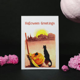 Cartão Postal De Festividades Vintage Sunset Black cat Pumpkin Halloween