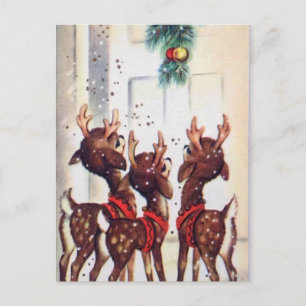 Cartão Postal De Festividades Vintage Três Reindeer De Natal À Porta