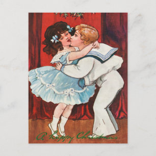 Cartão Postal De Festividades Vintage Um Feliz Garoto De Natal Beija Amor