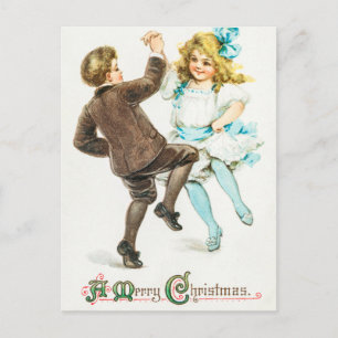Cartão Postal De Festividades Vintage Um Feliz Natal Garoto e Dança de Garota