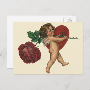 Cartão Postal De Festividades Vintage Victorian Dia de os namorados Cherub e Ros