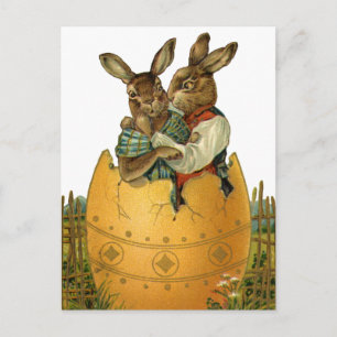 Cartão Postal De Festividades Vintage Victorian Easter Bunnies em um Ovo Dourado