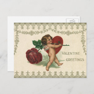 Cartão Postal De Festividades Vintage Victorian Namorados Cherub, Rosa e Heart