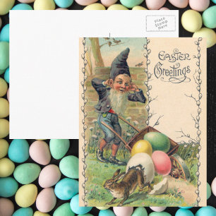 Cartão Postal De Festividades Vintage Victorian Páscoa Saudações com Gnomo