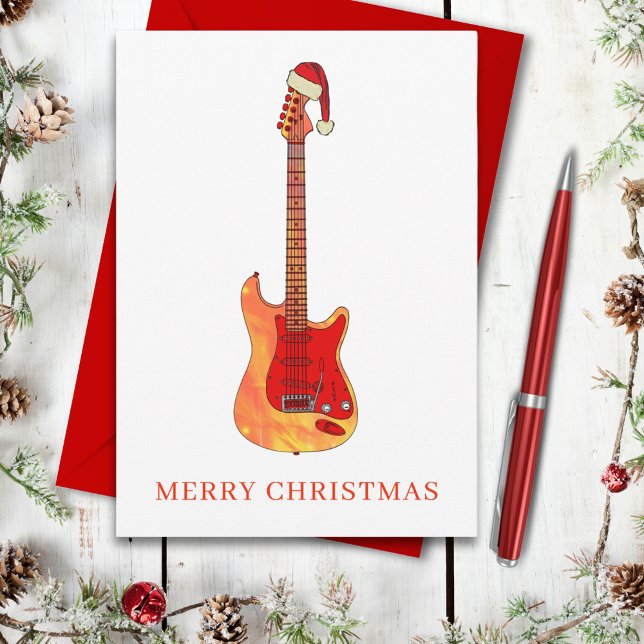 Cartão Postal De Festividades Violão de Fogo de Natal legal (Stylish simple guitar wearing a Santa hat merry Christmas holidays budget postcard)