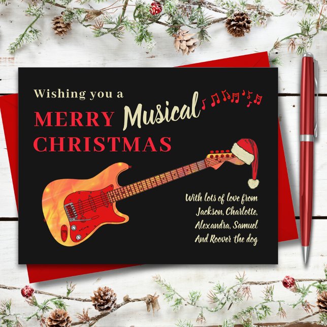Cartão Postal De Festividades Violão de Natal Vestindo um Chapéu de Papai Noel (Rock and roll merry musical christmas holiday greetings card fire electric guitar wearing Santa hat)