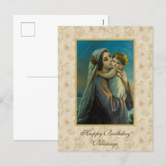 Cartão Postal De Festividades Virgem Maria e Bebê Jesus em fundo floral