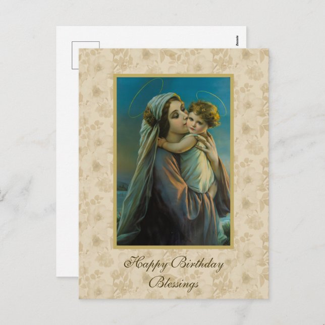 Cartão Postal De Festividades Virgem Maria e Bebê Jesus em fundo floral (Frente/Verso)