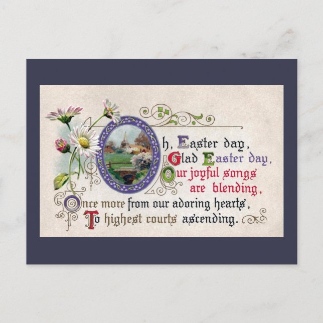 Cartão Postal De Festividades Visitas de Páscoa e Igreja Pequena Mais Poema (Frente)