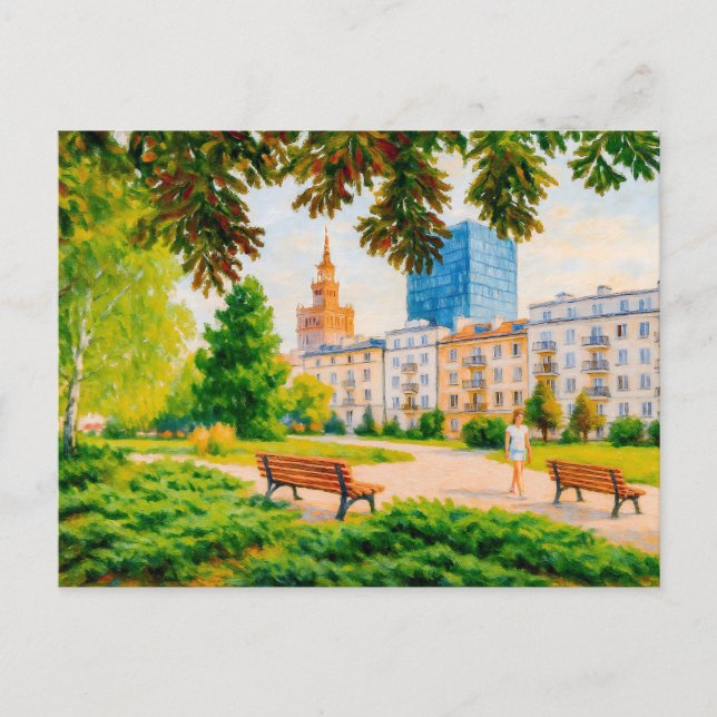 Cartão Postal De Festividades Vista do parque com a silhueta de Varsóvia - pintu (Frente)