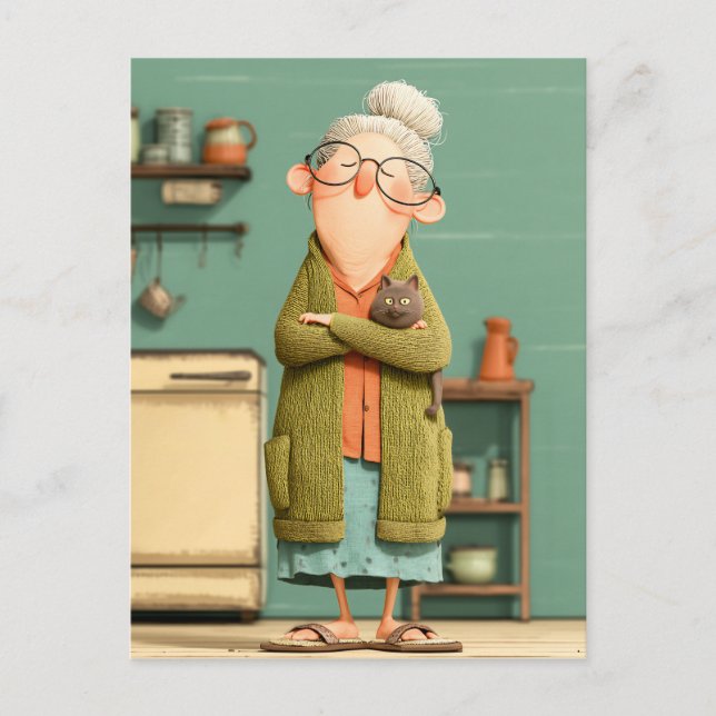 Cartão Postal De Festividades Vovó encantadora e seu gato (Frente)