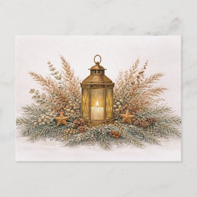Cartão Postal De Festividades Warm Neutral Watercolor Christmas Lantern  (Frente)