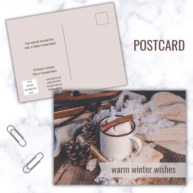Cartão Postal De Festividades Warm Winter Deseja Férias Felizes para Negócios (Warm Winter Wishes hot cocoa postcard)
