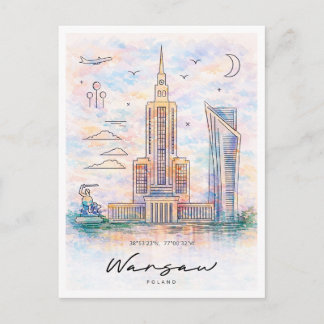 Cartão Postal De Festividades Warsaw Skyline Watercolor | Poland Cityscape