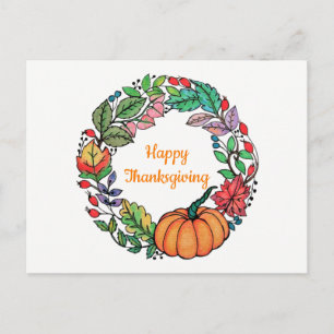 Cartão Postal De Festividades Watercolor Belo Pumpkin Wreath com folhas