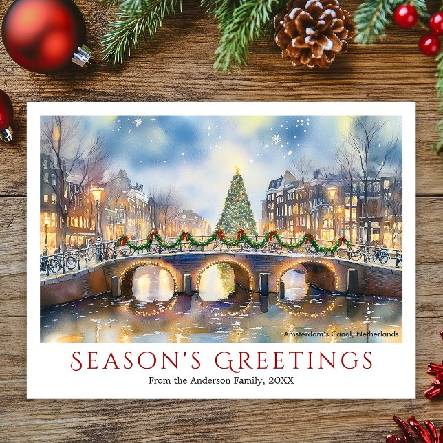 Cartão Postal De Festividades Watercolor Christmas Amsterdam Netherlands Viagem (Watercolor Christmas Amsterdam Netherland Travel Holiday Postcard)