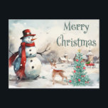 Cartão Postal De Festividades Watercolor Felry Christmas Snowman<br><div class="desc">Ilustração de Natal em Aquarela</div>