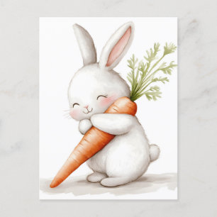 Cartão Postal De Festividades Watercolor Fluffy Bunny Carrot Love