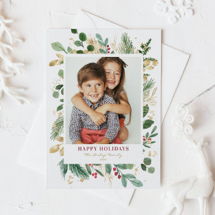 Cartão Postal De Festividades Watercolor Gold Foil Greenery e Holly Photo