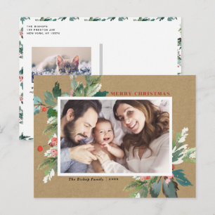 Cartão Postal De Festividades Watercolor Hollies Kraft Paper Foto de Natal