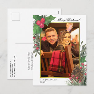 Cartão Postal De Festividades Watercolor Holly Berries Pine Cone & Greens Foto