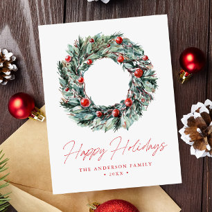 Cartão Postal De Festividades Watercolor Holly Berry & Greenery Wreath Non-Photo