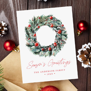 Cartão Postal De Festividades Watercolor Holly Berry & Greenery Wreath Non-Photo