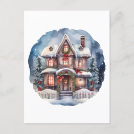 Cartão Postal De Festividades Watercolor Merry Christmas Cozy House
