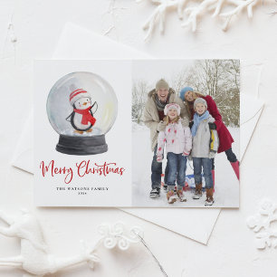 Cartão Postal De Festividades Watercolor Penguin Snowglobe Feliz Foto de Natal