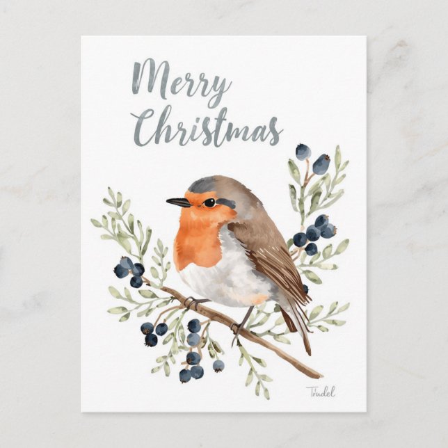 Cartão Postal De Festividades Watercolor Robin & Winter Berries (Frente)