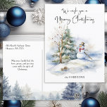 Cartão Postal De Festividades Watercolor Snowman e Feliz Saudação de Natal<br><div class="desc">Doce bonitão sorridente com pinheiro e árvore nua decorada com mensagem de caligrafia de Natal Feliz.</div>
