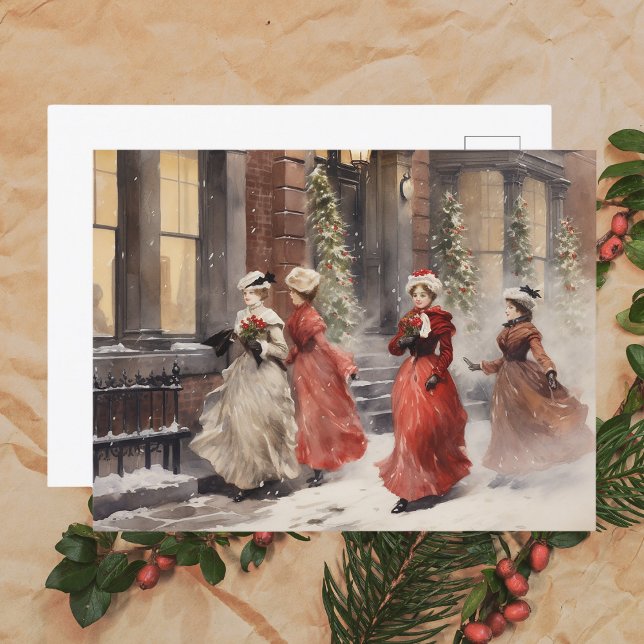 Cartão Postal De Festividades Watercolor Victorian Christmas Ladies (Criador carregado)