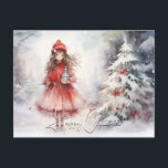Cartão Postal De Festividades Watercolor Winter Wonderland Christmas Sprite<br><div class="desc">Na vila dos pequenos,  está esta linda picante vestida de vermelho - parada com uma árvore de Natal nevada,  flores vermelhas decorando-a,  ela dá as boas-vindas a você com uma pote de chá.</div>