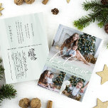 Cartão Postal De Festividades Watercolor Wishes l Holiday Photo Postcard<br><div class="desc">Share holiday greetings with these chic Christmas photo postcards featuring three of your favorite photos (1 landscape, 2 square) arranged in a rectangular collage layout on a pale green watercolor wash background. "Believe" appears in the center in elegant hand lettered script typography. Personalize with your names beneath, and add a...</div>