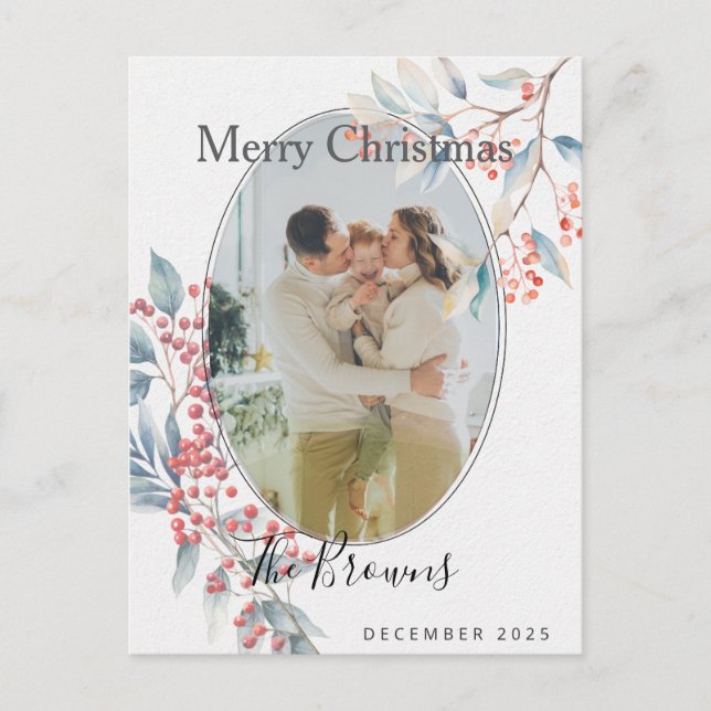 Cartão Postal De Festividades Watercolour Winter Berries Photo X-mas Postcard (Frente)