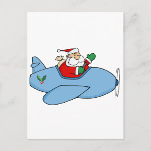 Cartão Postal De Festividades Waving Kris Kringle Voando Seu Avião De Natal
